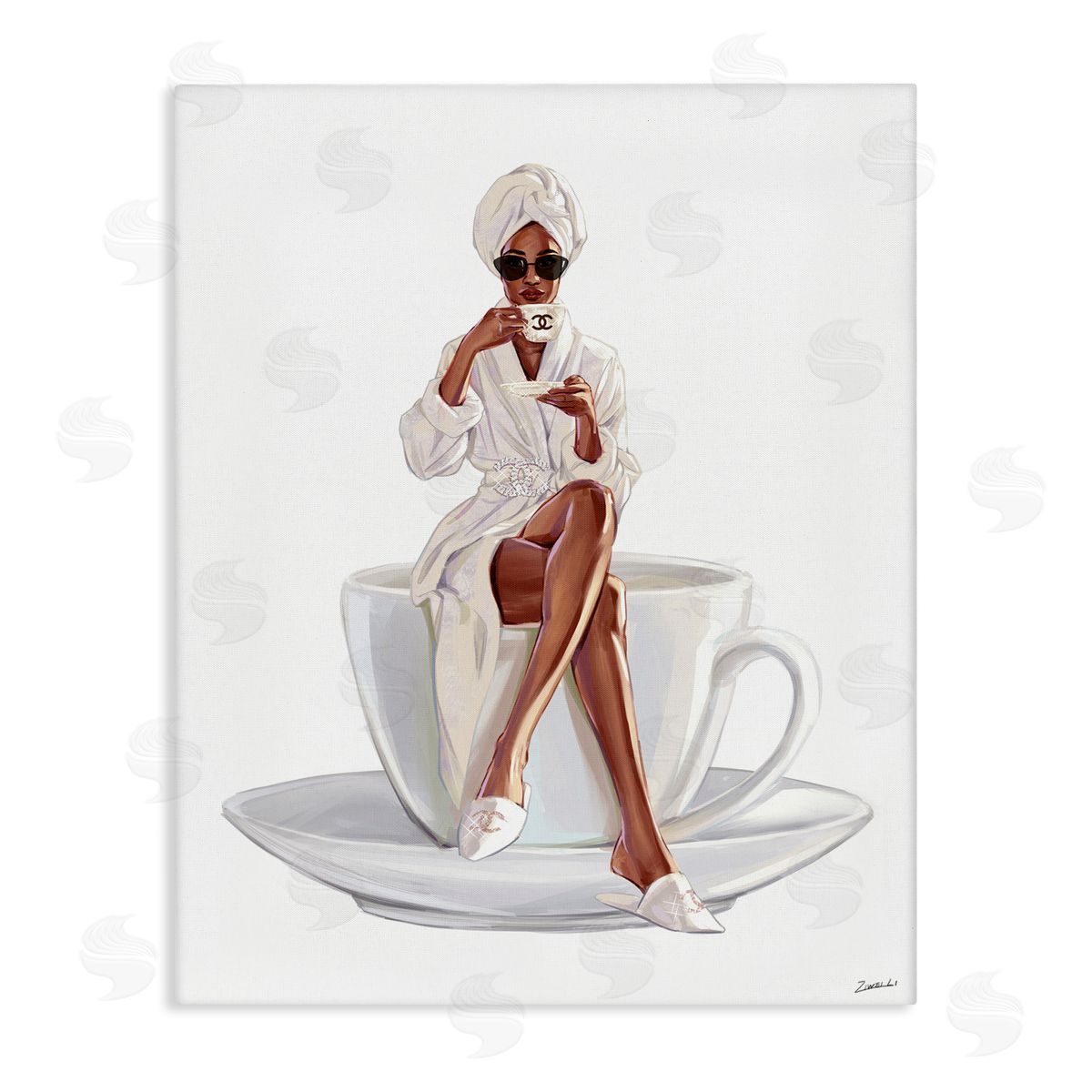 Ziwei Li Chic Coffee Teacup Woman Sipping Robe Sunglasses  Stretched Canvas Wall Art Print