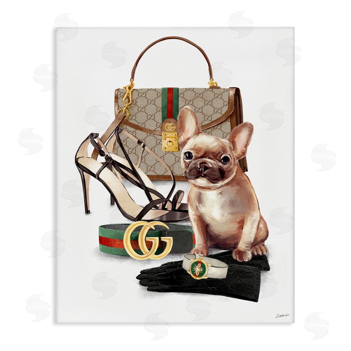 Ziwei Li Stylish Puppy Doger Purse Shoes Accessories  Stretched Canvas Wall Art Print