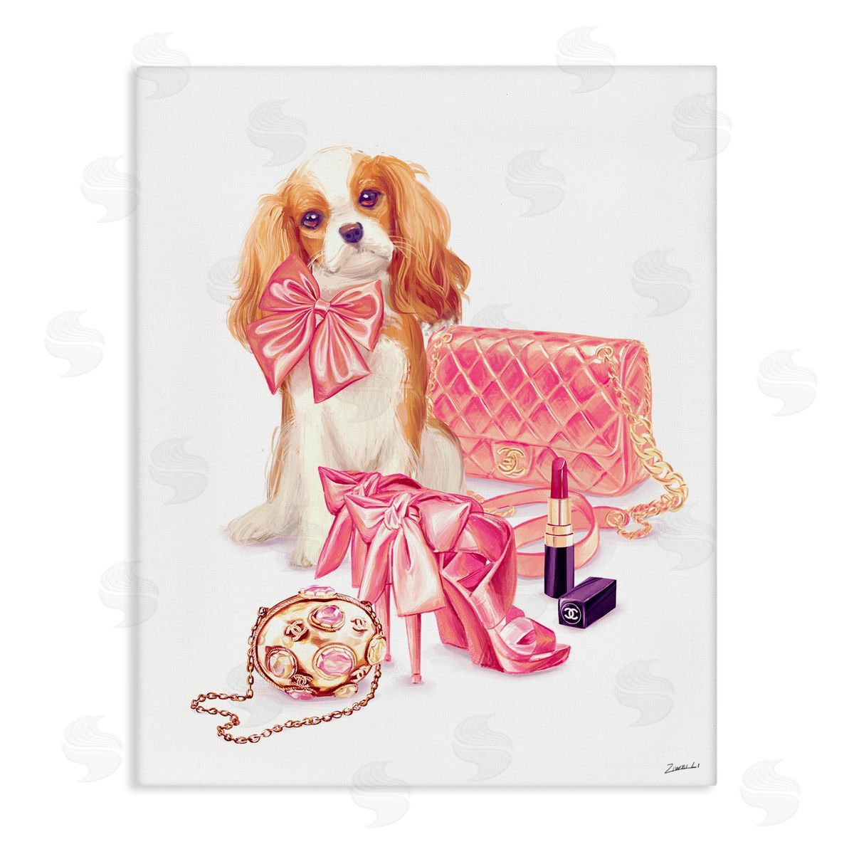 Ziwei Li Upscale Dog Pink Bow Fashion Accessories Makeup  Stretched Canvas Wall Art Print