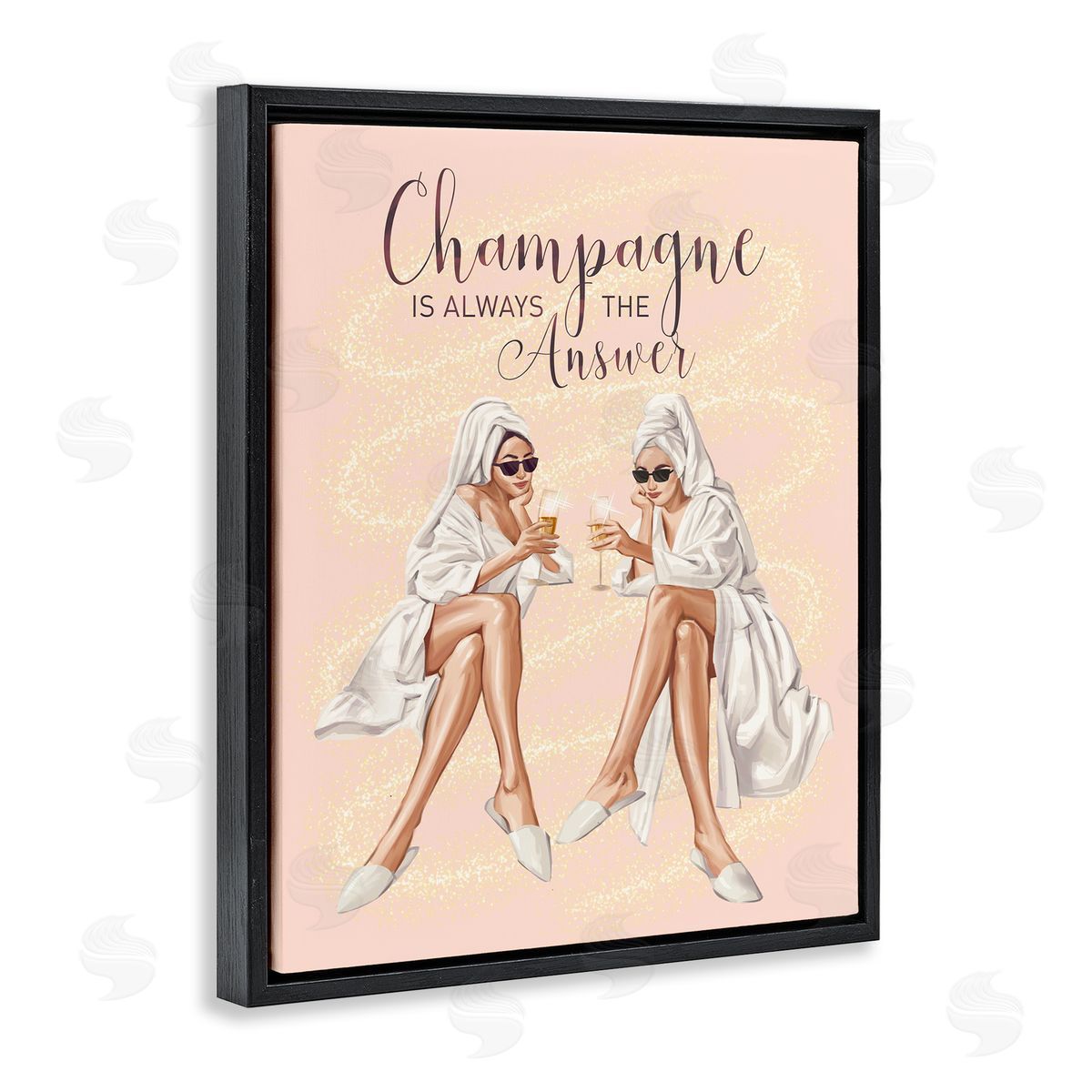 Ziwei Li Champagne Typography Quote Pink Glam Robes Cheers Black Floating Frame Canvas Wall Art Print