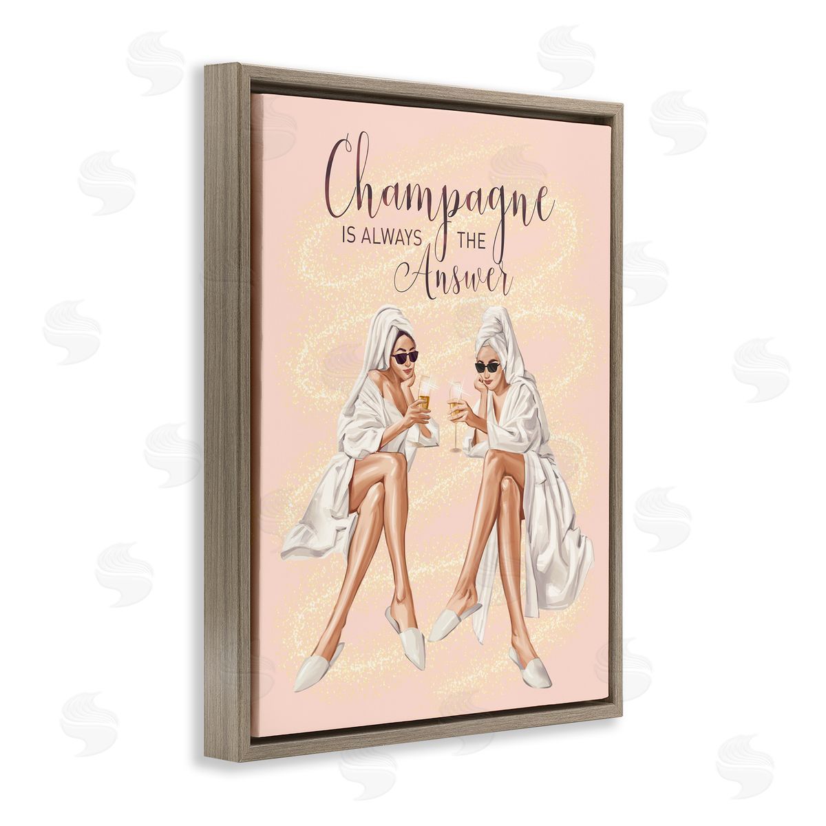 Ziwei Li Champagne Typography Quote Pink Glam Robes Cheers Brown Floating Frame Canvas Wall Art Print