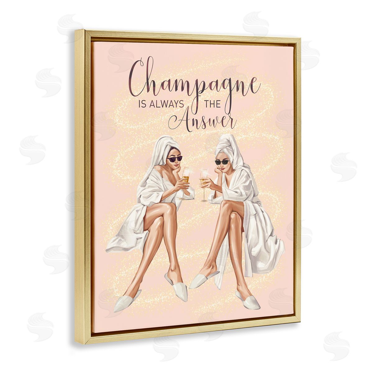 Ziwei Li Champagne Typography Quote Pink Glam Robes Cheers Gold Floating Frame Canvas Wall Art Print