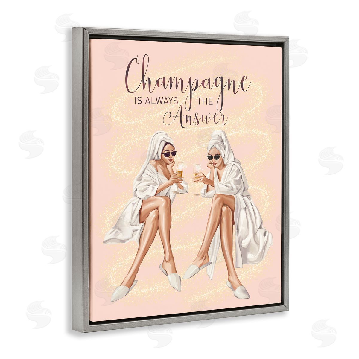 Ziwei Li Champagne Typography Quote Pink Glam Robes Cheers Gray Floating Frame Canvas Wall Art Print