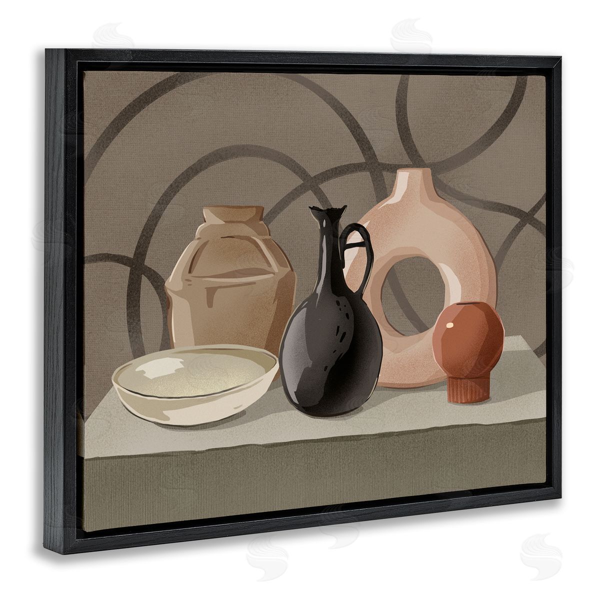 Ziwei Li Sleek Pottery Vase Still Life Spiral Pattern  Black Floating Frame Canvas Wall Art Print