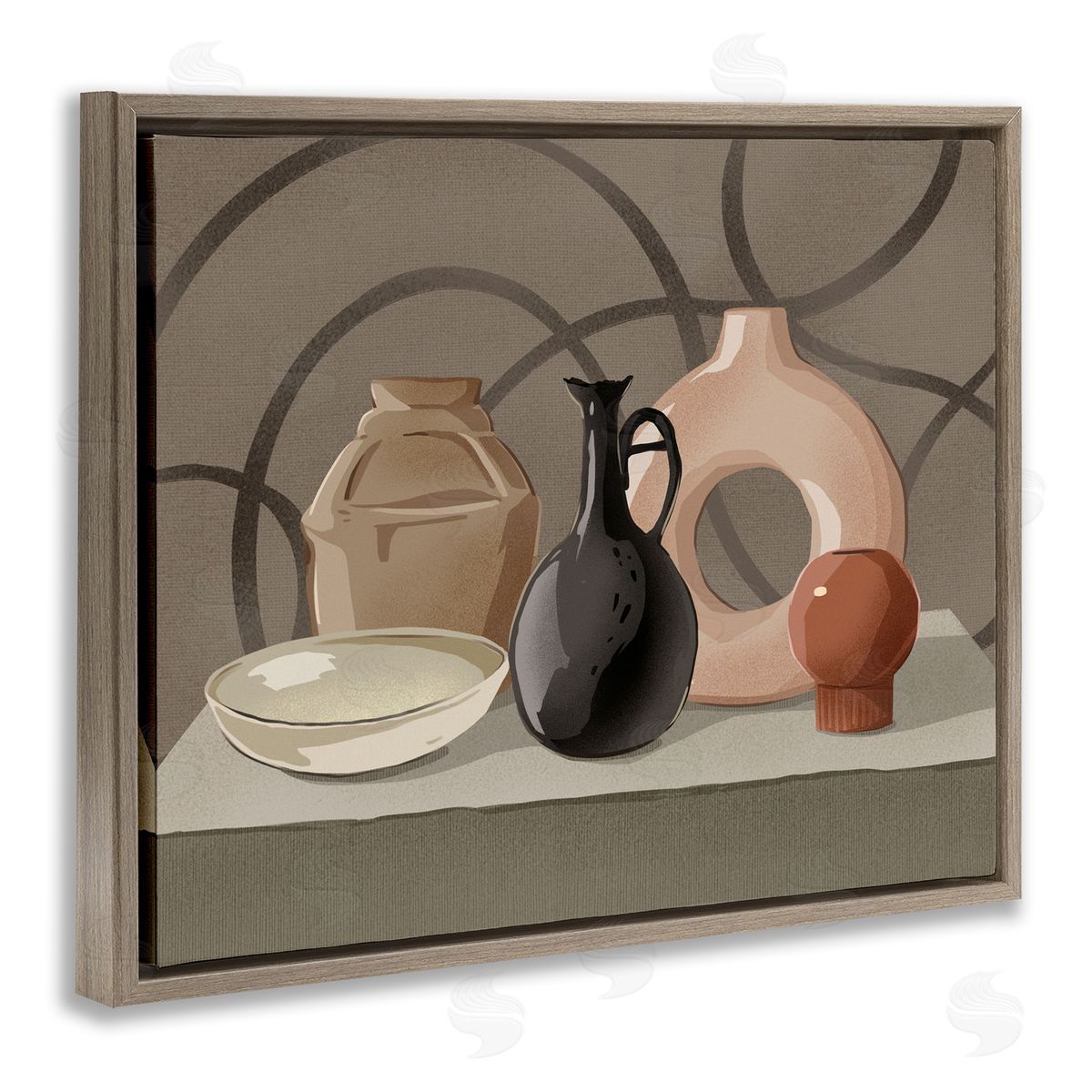 Ziwei Li Sleek Pottery Vase Still Life Spiral Pattern  Brown Floating Frame Canvas Wall Art Print