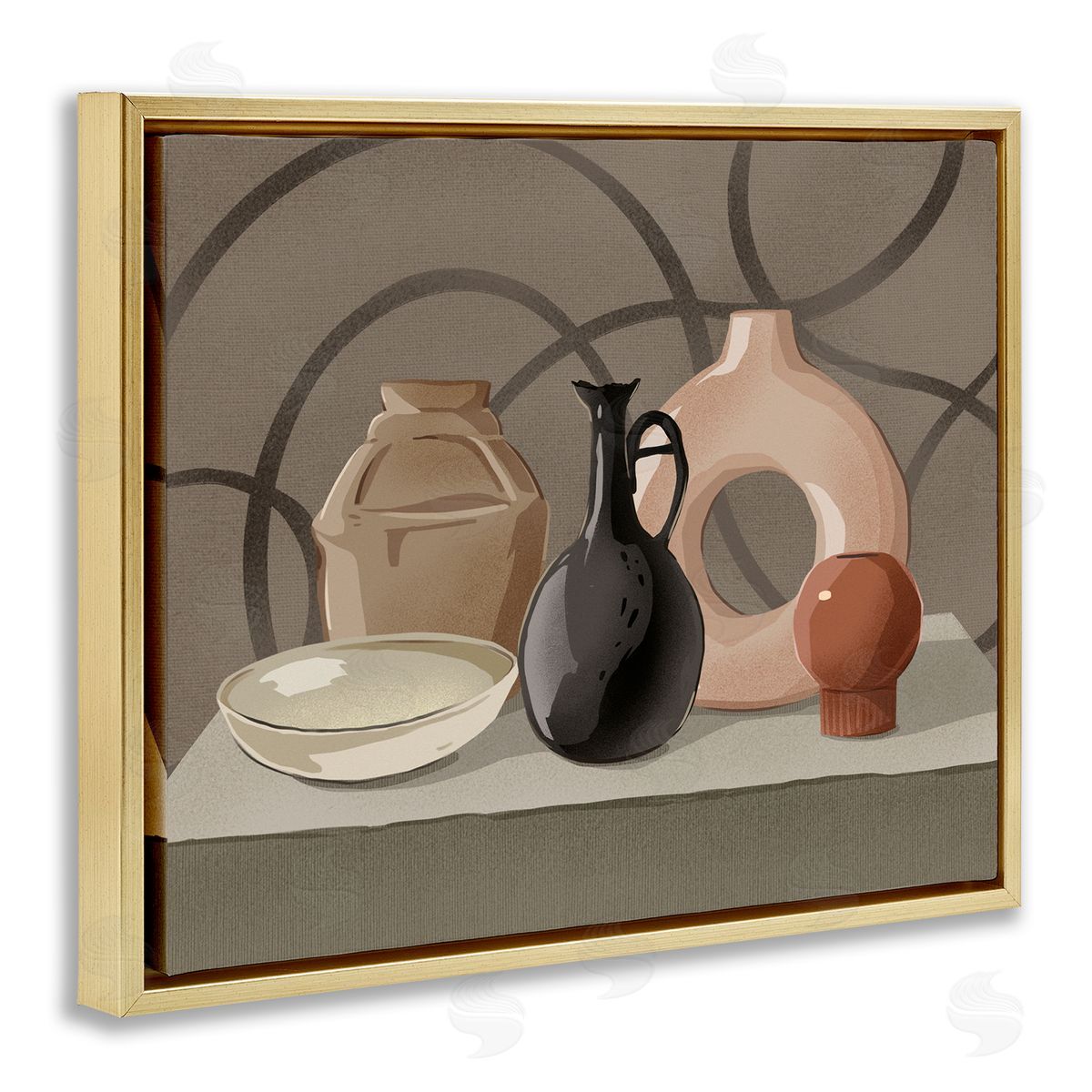 Ziwei Li Sleek Pottery Vase Still Life Spiral Pattern  Gold Floating Frame Canvas Wall Art Print
