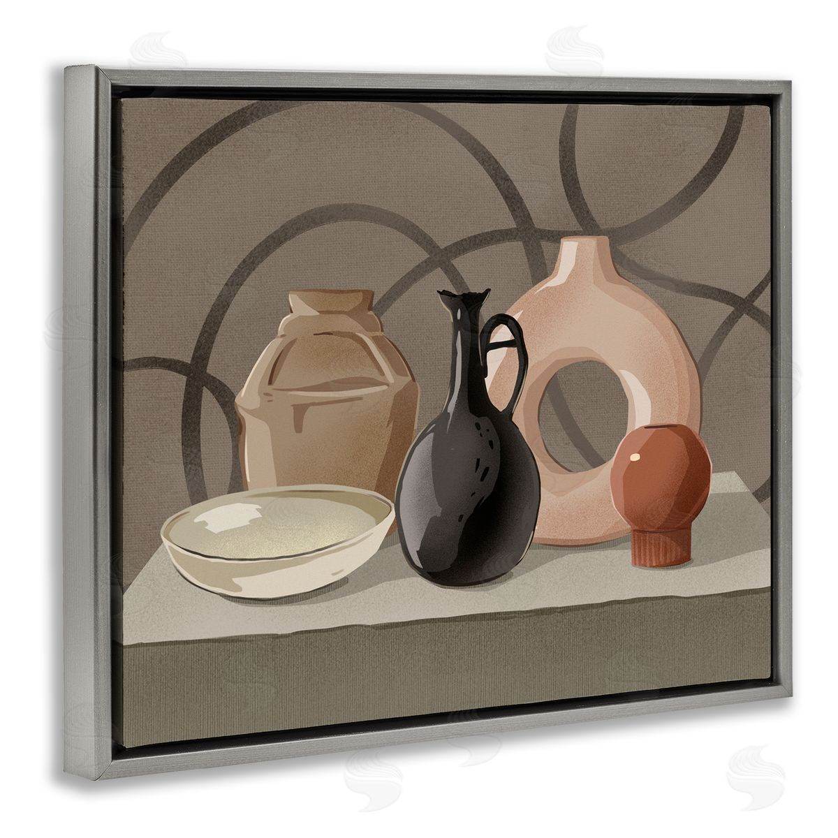 Ziwei Li Sleek Pottery Vase Still Life Spiral Pattern  Gray Floating Frame Canvas Wall Art Print