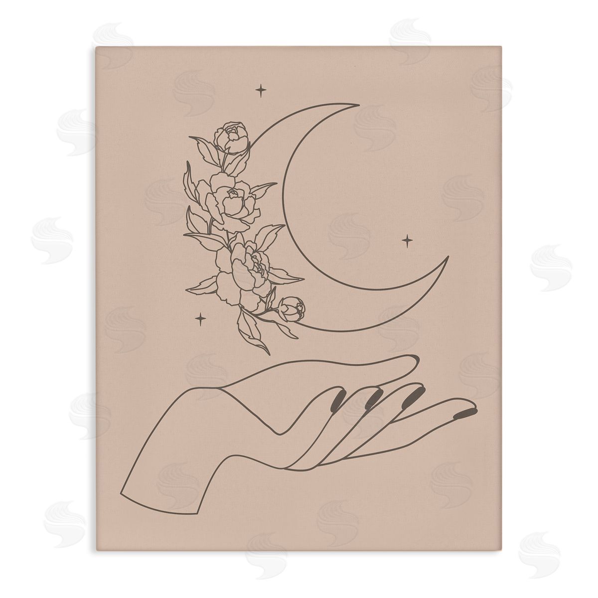 JJ House LLC Mystical Floral Roses Moon Palm Line Drawing  Stretched Canvas Wall Art Print