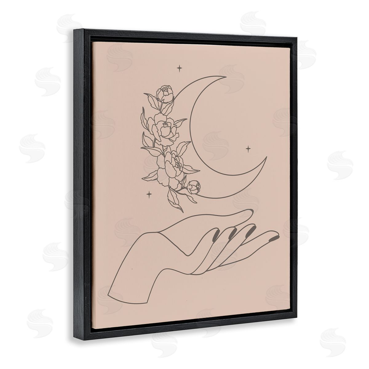 JJ House LLC Mystical Floral Roses Moon Palm Line Drawing  Black Floating Frame Canvas Wall Art Print