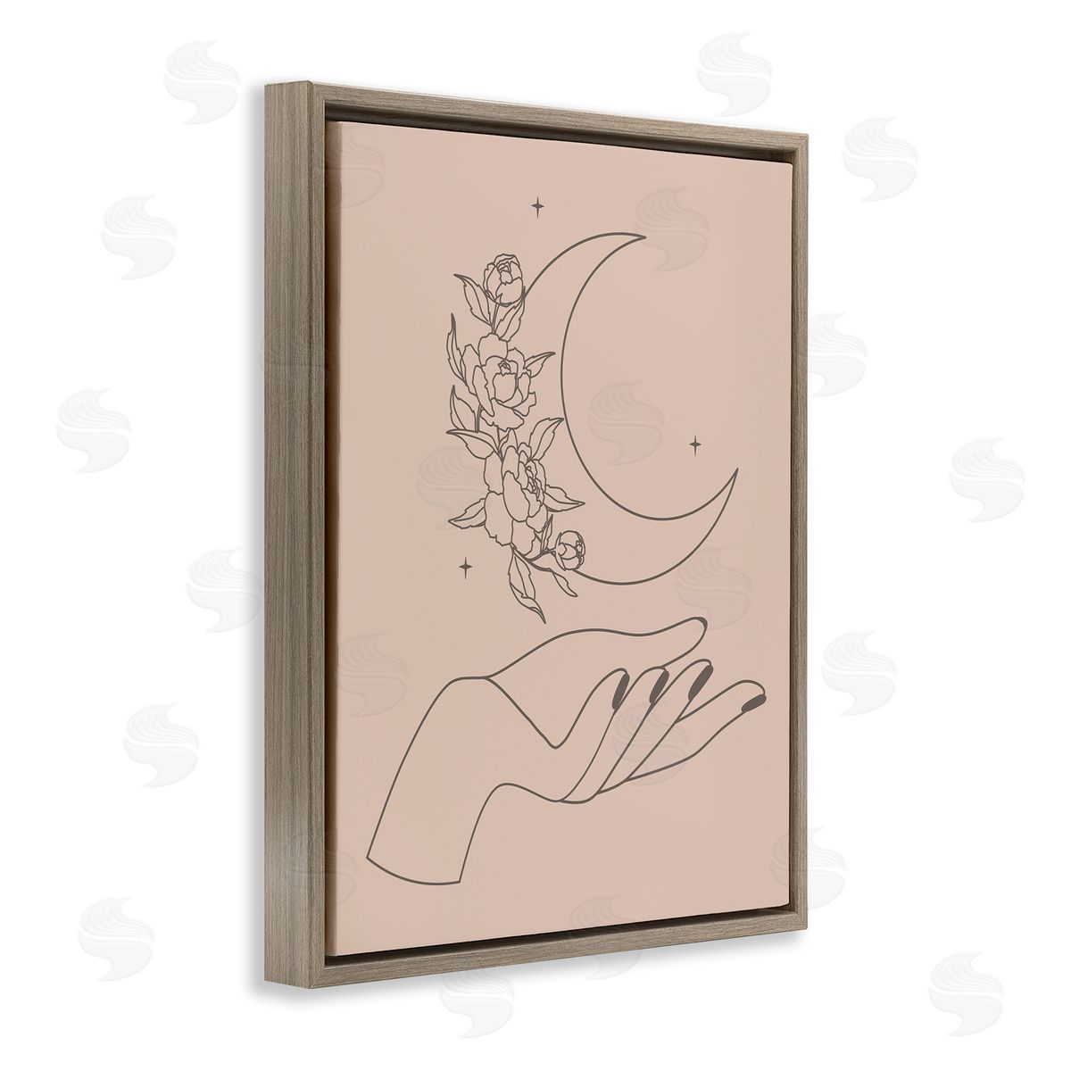 JJ House LLC Mystical Floral Roses Moon Palm Line Drawing  Brown Floating Frame Canvas Wall Art Print