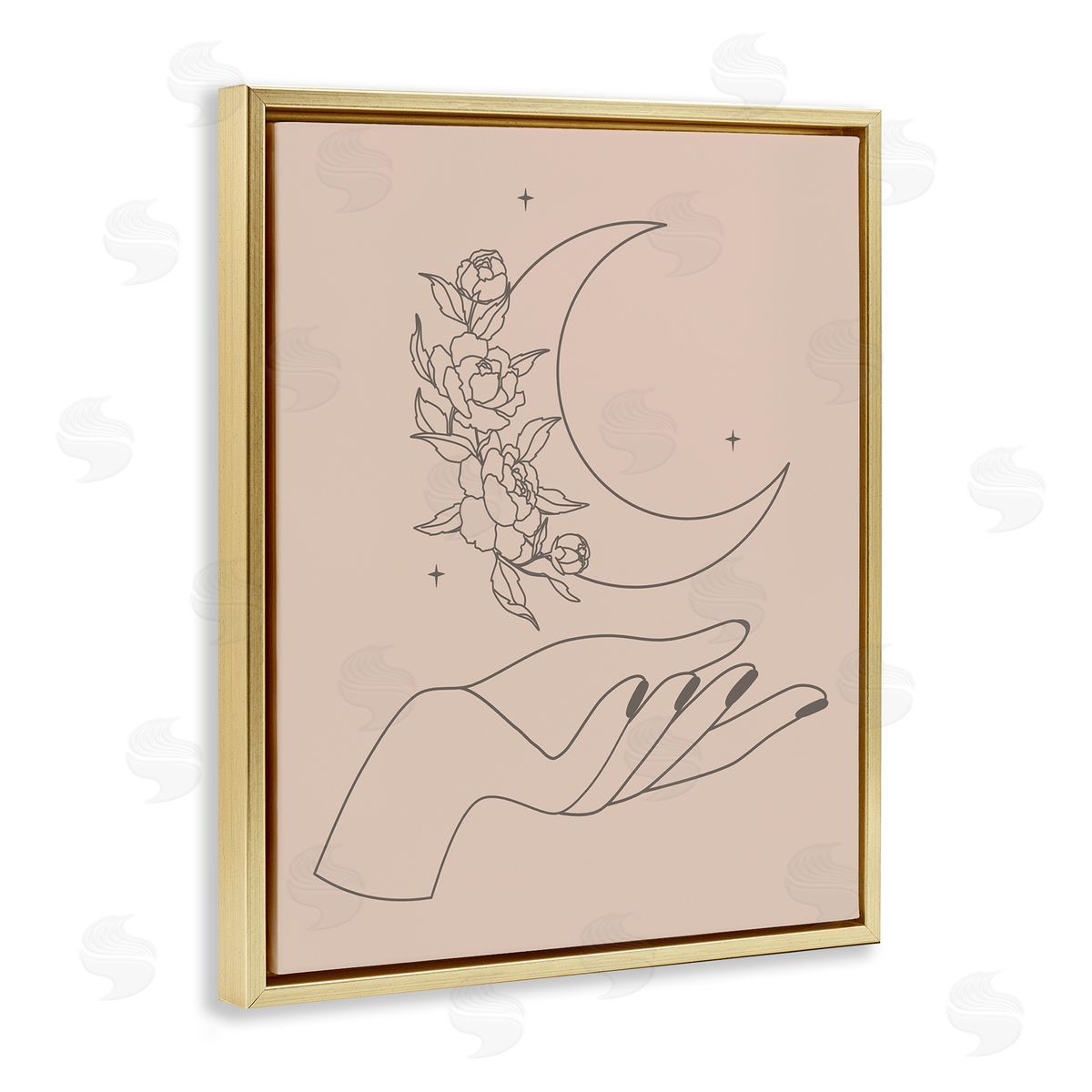 JJ House LLC Mystical Floral Roses Moon Palm Line Drawing  Gold Floating Frame Canvas Wall Art Print