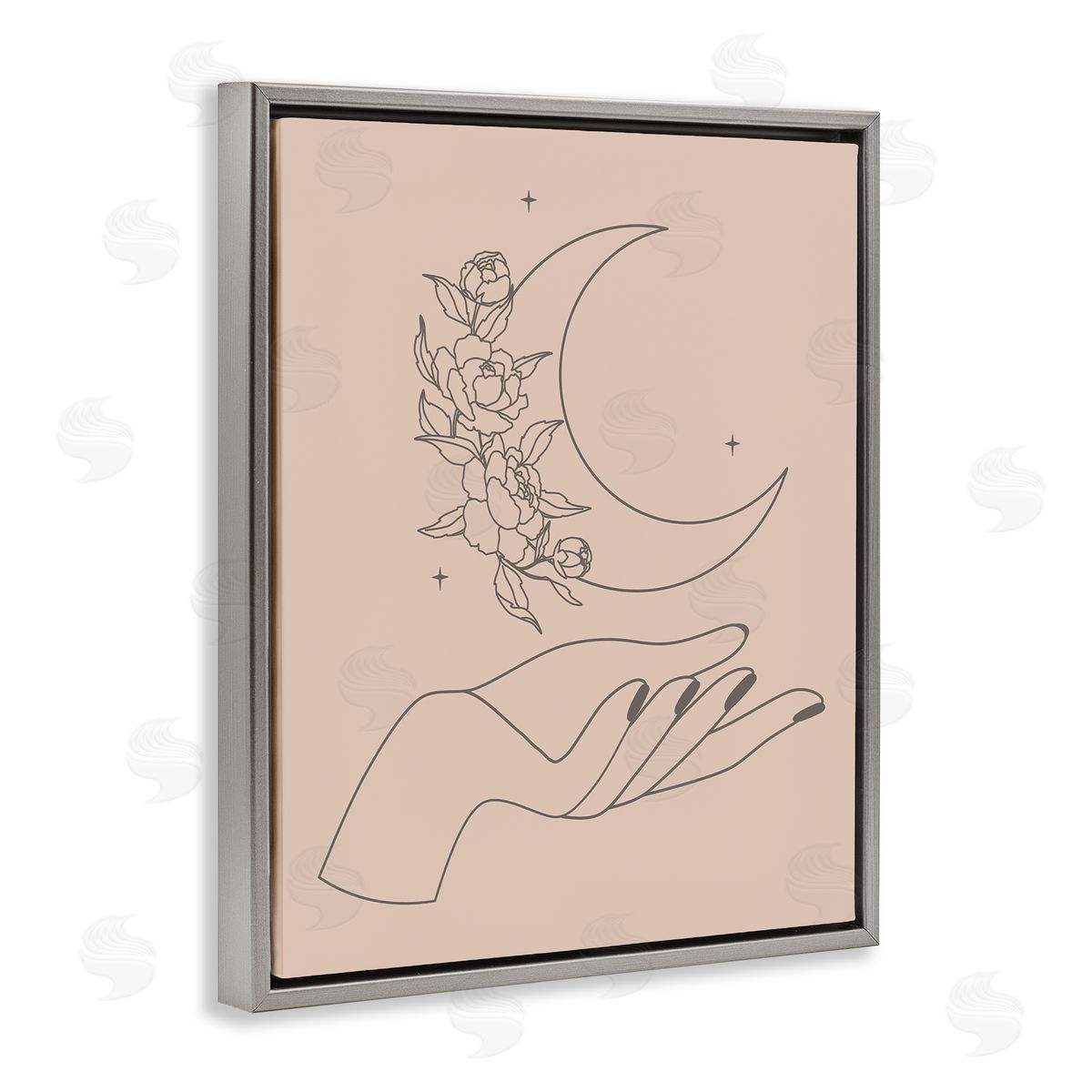 JJ House LLC Mystical Floral Roses Moon Palm Line Drawing  Gray Floating Frame Canvas Wall Art Print