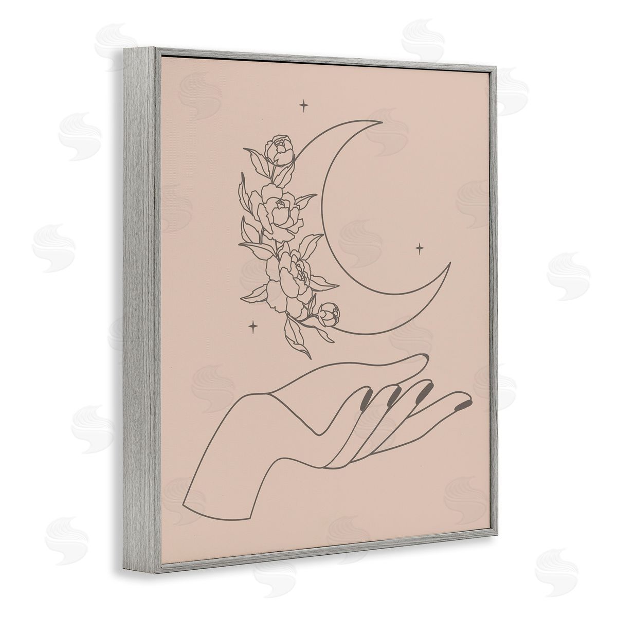 JJ House LLC Mystical Floral Roses Moon Palm Line Drawing  Gray Framed Giclee Wall Art Print