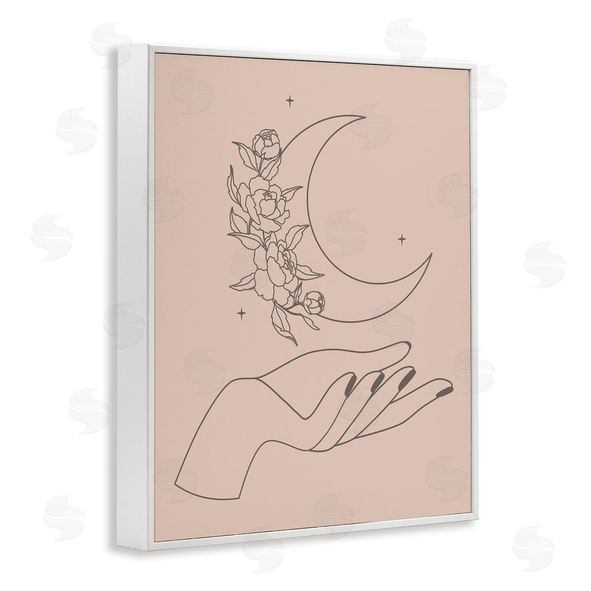 JJ House LLC Mystical Floral Roses Moon Palm Line Drawing  White Framed Giclee Wall Art Print