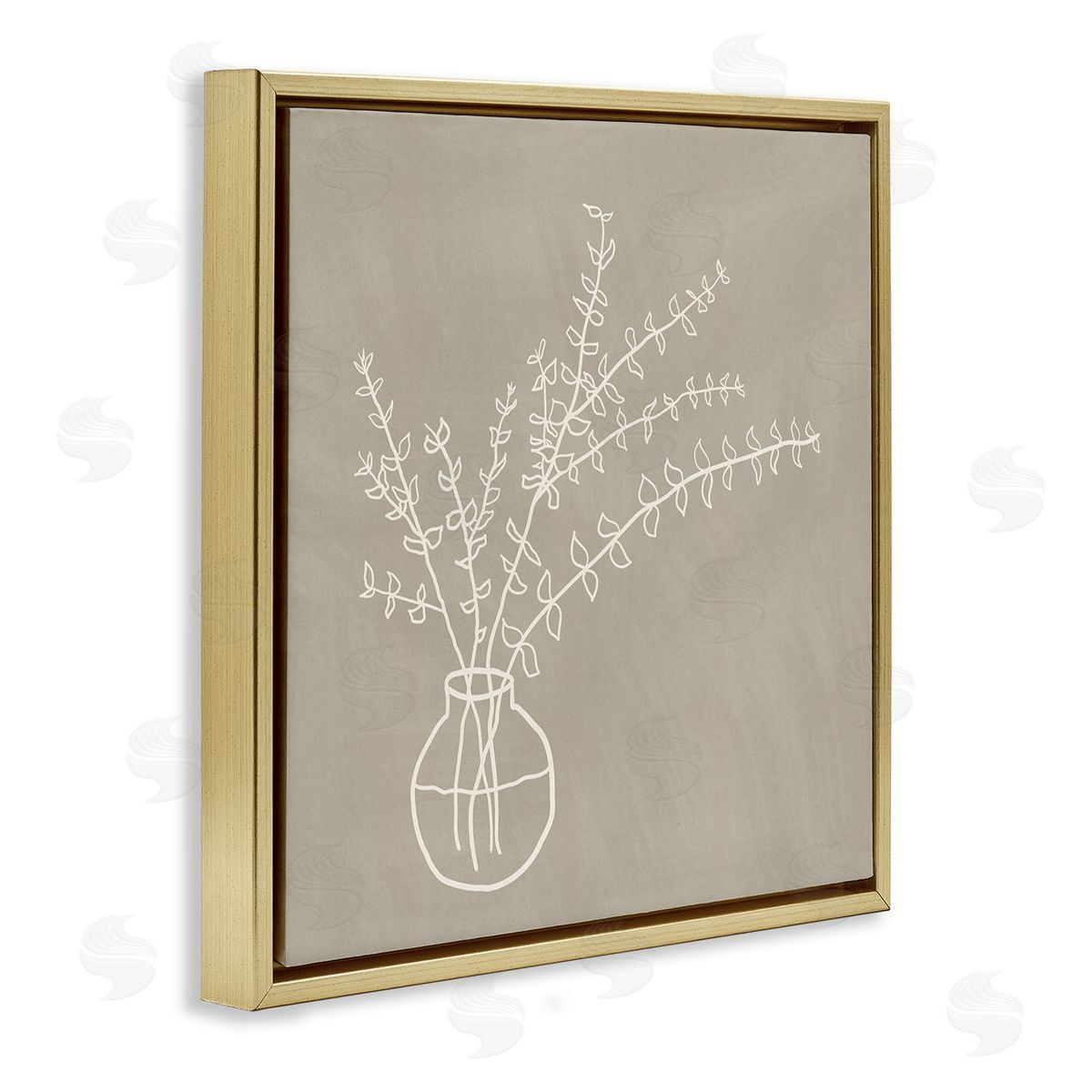 JJ Design House LLC Beige Botanical Herbs Leaves Vase Pattern Outline  Gold Floating Frame Canvas Wall Art Print