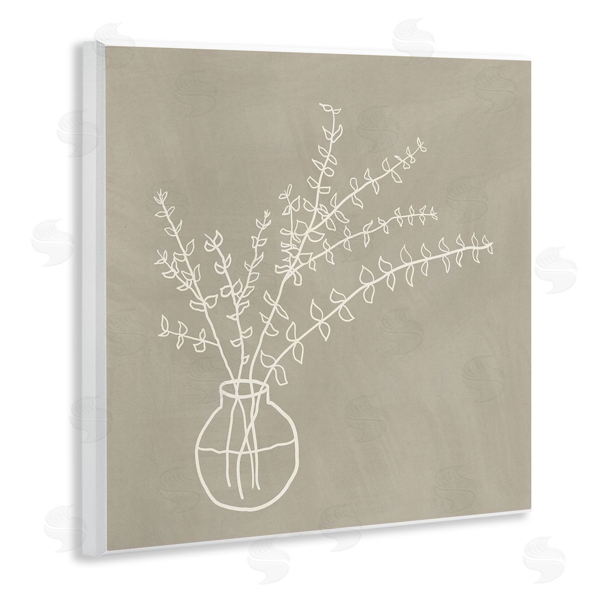JJ Design House LLC Beige Botanical Herbs Leaves Vase Pattern Outline  Wooden Wall Plaque Art Print