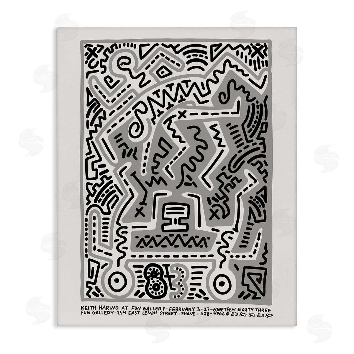 Ros Ruseva Keith Haring Monochrome Pop Squiggle Text  Stretched Canvas Wall Art Print