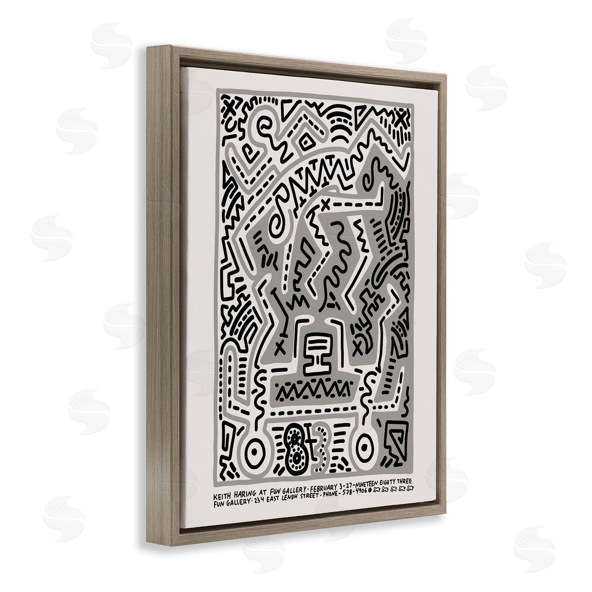Ros Ruseva Keith Haring Monochrome Pop Squiggle Text  Brown Floating Frame Canvas Wall Art Print