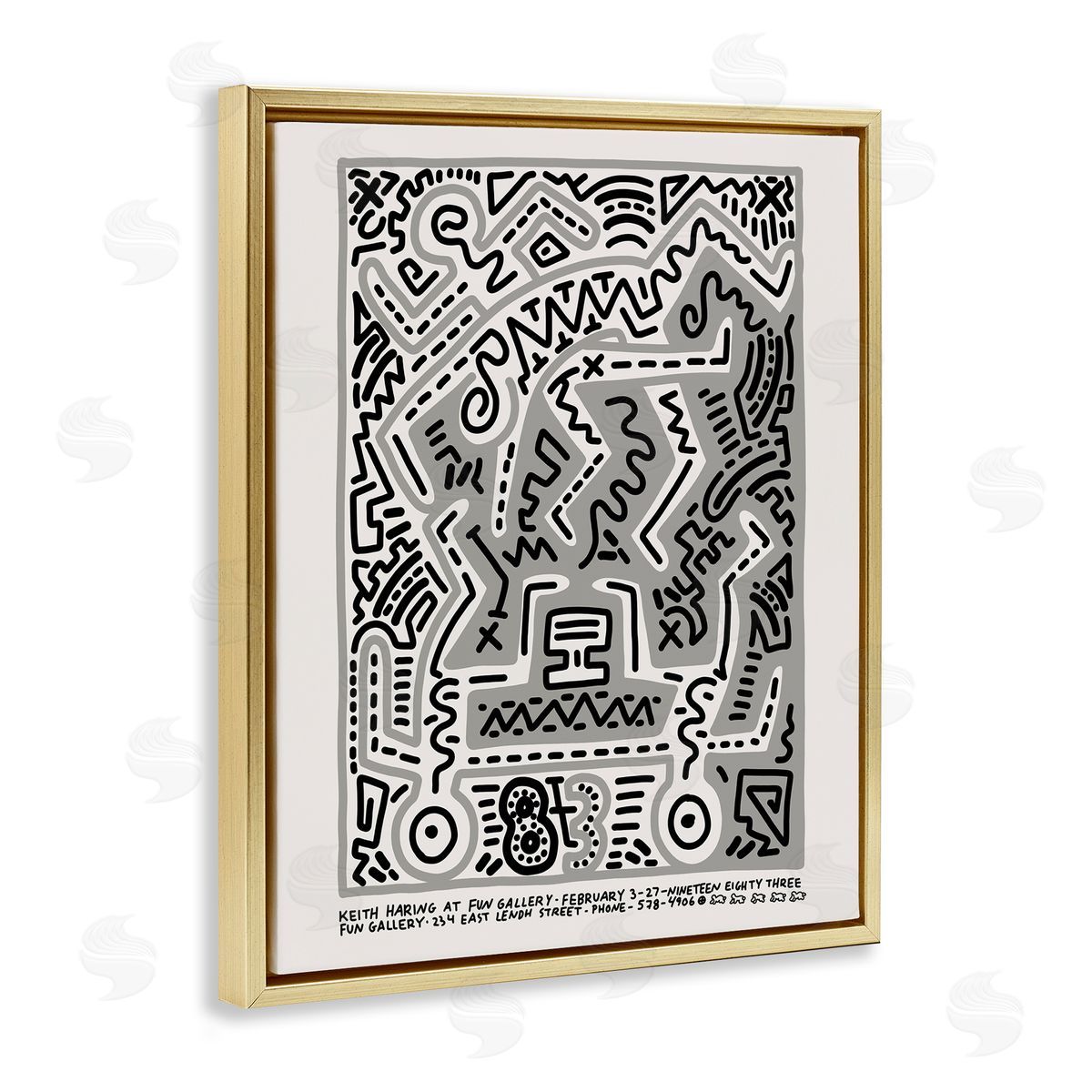 Ros Ruseva Keith Haring Monochrome Pop Squiggle Text  Gold Floating Frame Canvas Wall Art Print