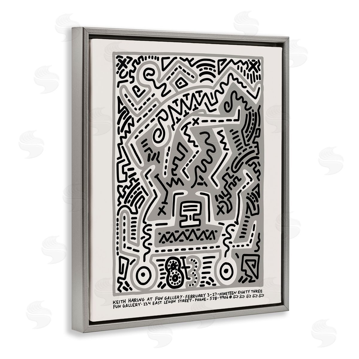 Ros Ruseva Keith Haring Monochrome Pop Squiggle Text  Gray Floating Frame Canvas Wall Art Print