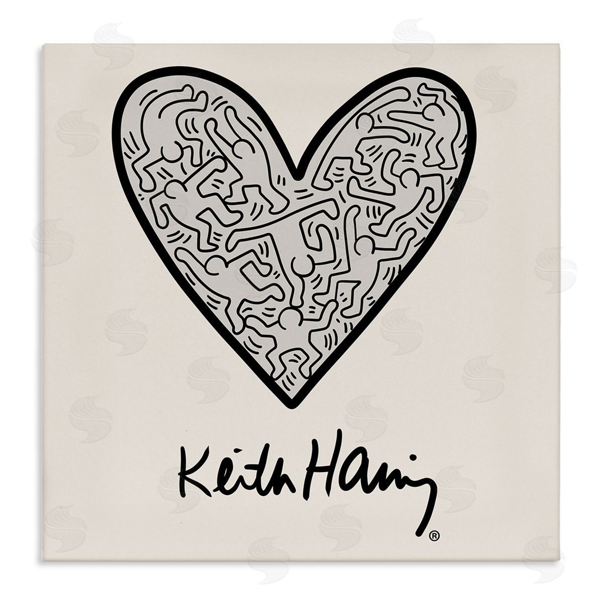 Ros Ruseva Keith Haring People Inside Heart Pattern Text  Stretched Canvas Wall Art Print
