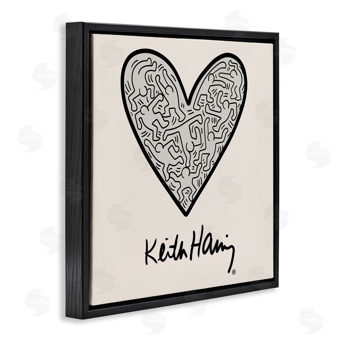Ros Ruseva Keith Haring People Inside Heart Pattern Text  Black Floating Frame Canvas Wall Art Print