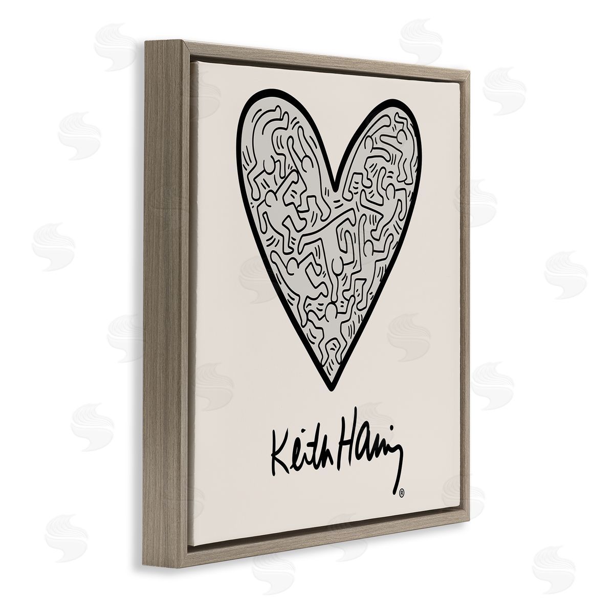 Ros Ruseva Keith Haring People Inside Heart Pattern Text  Brown Floating Frame Canvas Wall Art Print