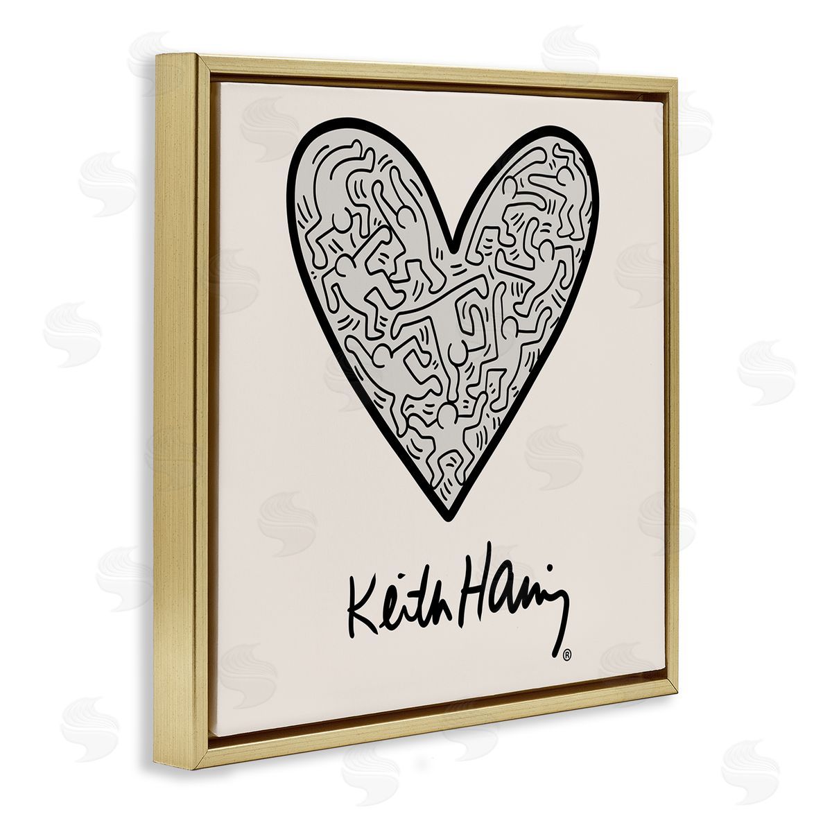 Ros Ruseva Keith Haring People Inside Heart Pattern Text  Gold Floating Frame Canvas Wall Art Print