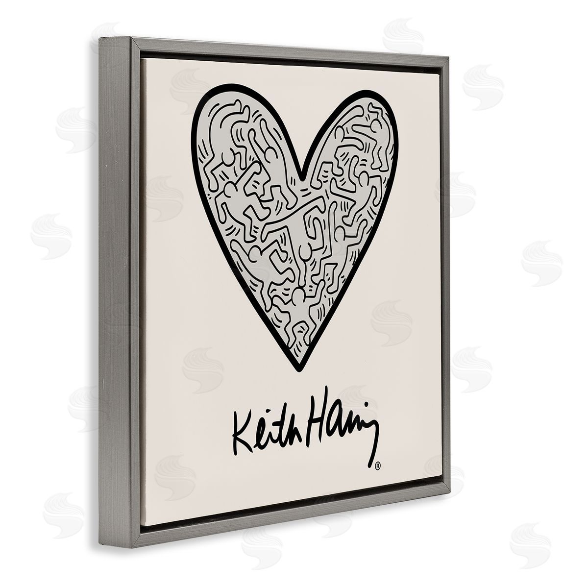 Ros Ruseva Keith Haring People Inside Heart Pattern Text  Gray Floating Frame Canvas Wall Art Print