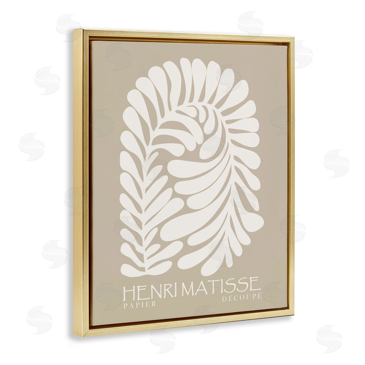 Ros Ruseva Neutral Tones Botanical Leaf Pattern Matisse Text Gold Floating Frame Canvas Wall Art Print