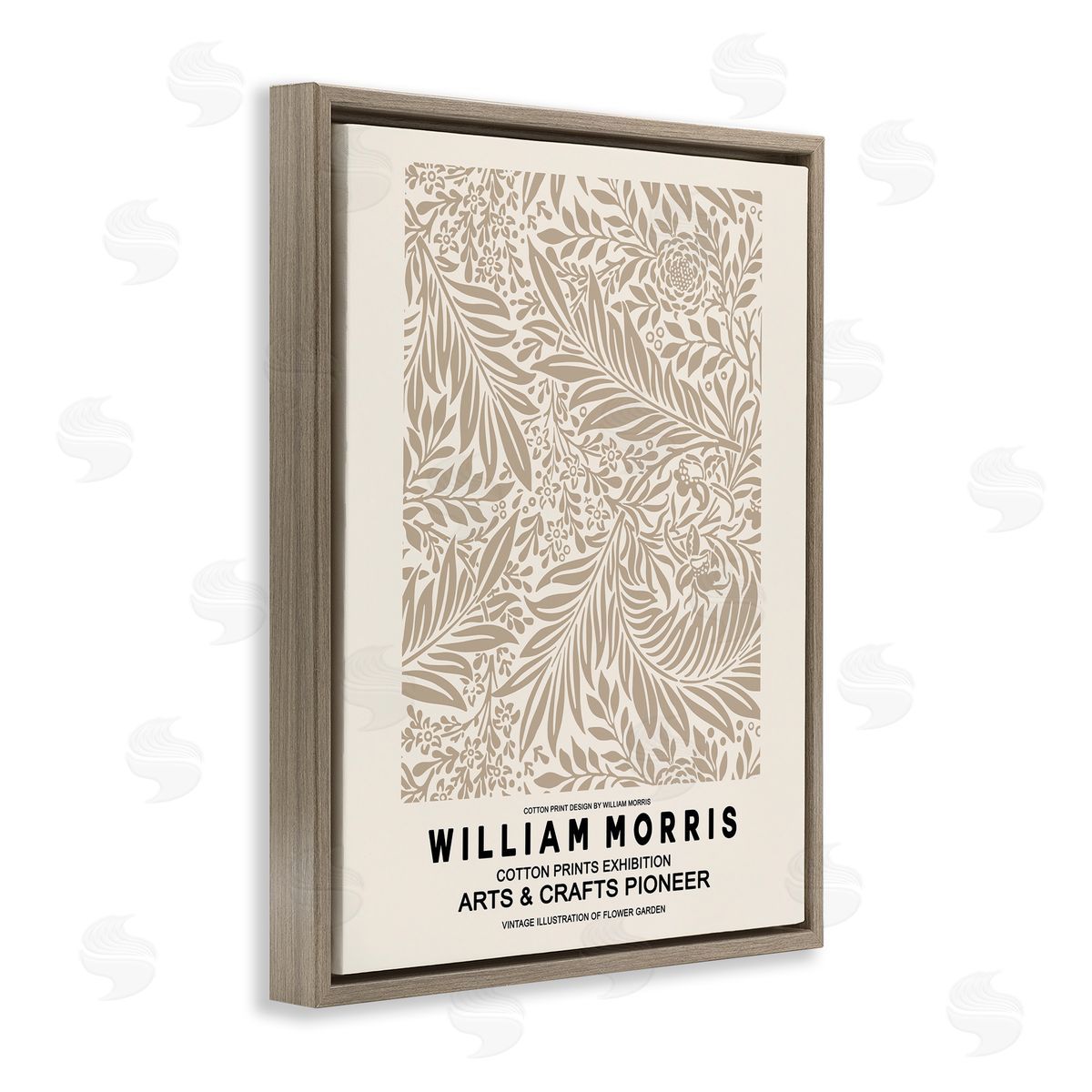 Ros Ruseva Detailed Beige Botanical Leaves William Morris Text  Brown Floating Frame Canvas Wall Art Print