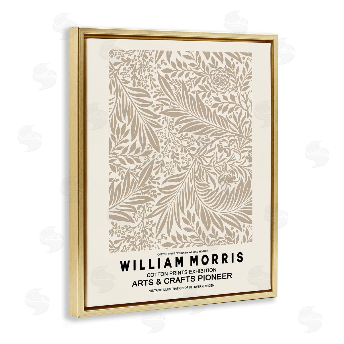 Ros Ruseva Detailed Beige Botanical Leaves William Morris Text  Gold Floating Frame Canvas Wall Art Print