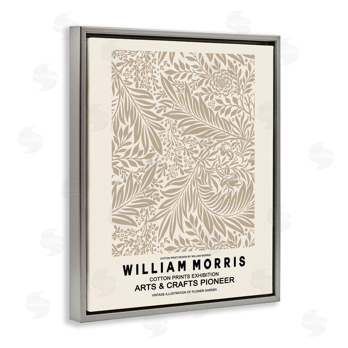 Ros Ruseva Detailed Beige Botanical Leaves William Morris Text  Gray Floating Frame Canvas Wall Art Print