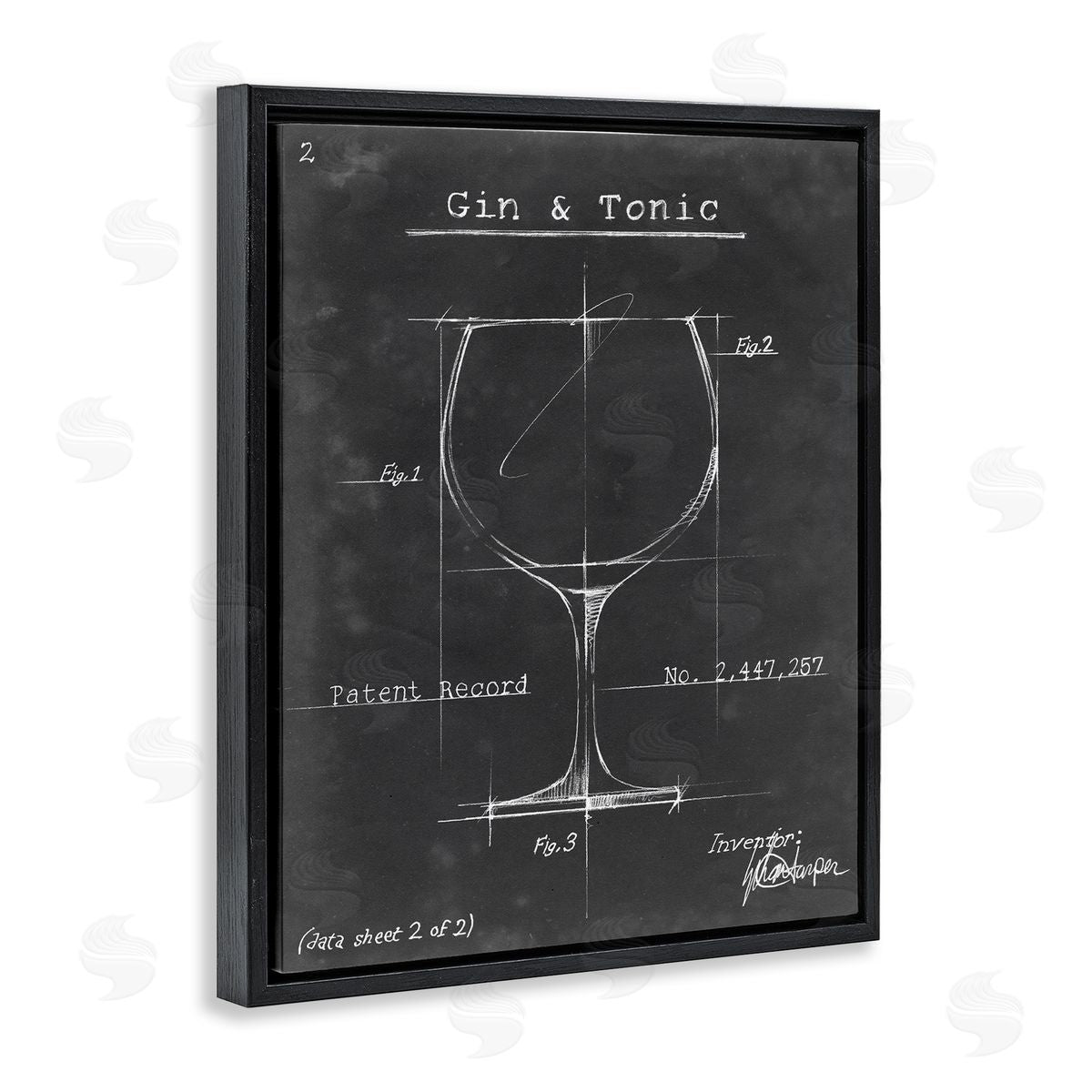 Ethan Harper Gin & Tonic Cocktail Wineglass Blueprint Diagram Black Floating Frame Canvas Wall Art Print