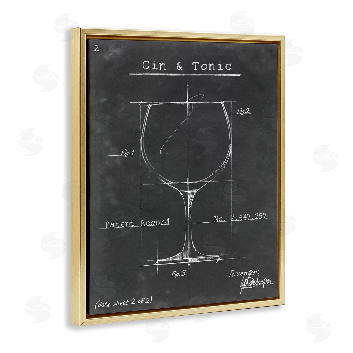 Ethan Harper Gin & Tonic Cocktail Wineglass Blueprint Diagram Gold Floating Frame Canvas Wall Art Print