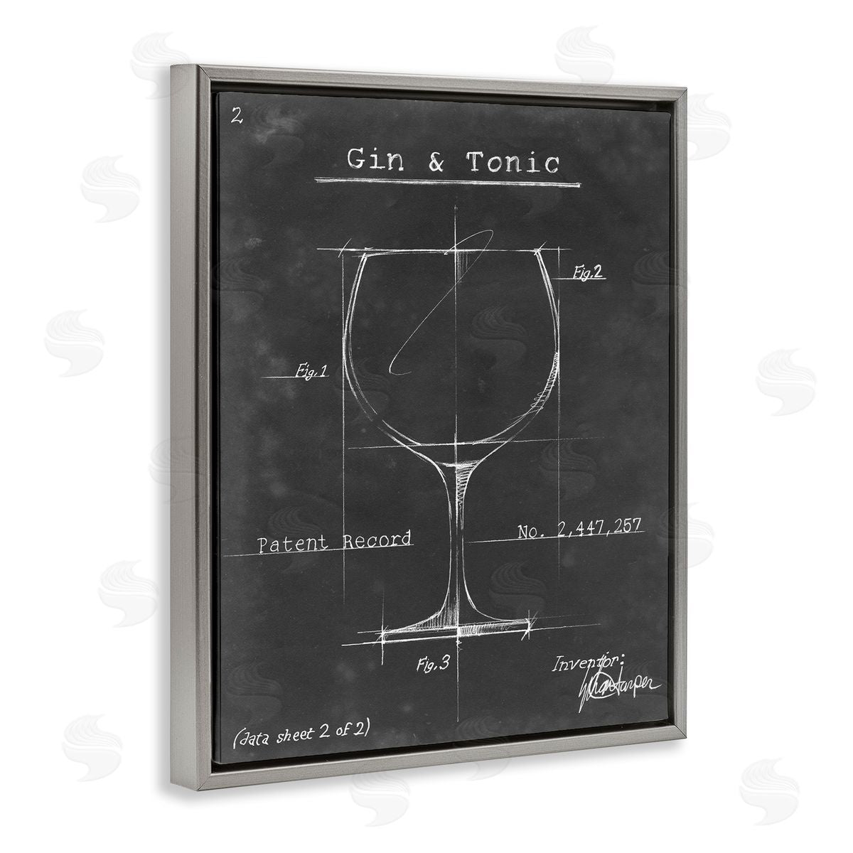 Ethan Harper Gin & Tonic Cocktail Wineglass Blueprint Diagram Gray Floating Frame Canvas Wall Art Print