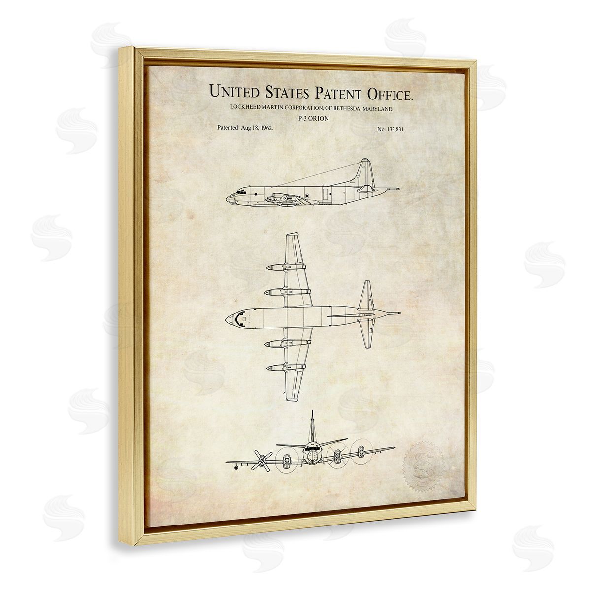 Karl Hronek Vintage Airplane Aircraft Diagram Patent Blueprint Diagram  Gold Floating Frame Canvas Wall Art Print