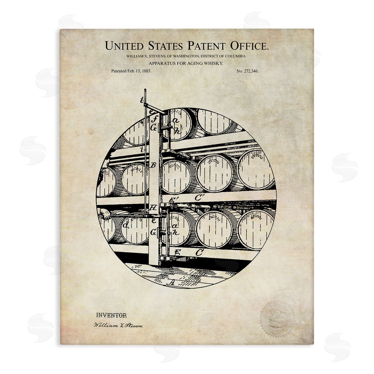 Karl Hronek Whiskey Aging Barrel Detailed Vintage Patent Diagram  Stretched Canvas Wall Art Print