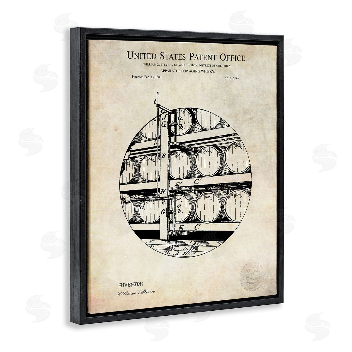 Karl Hronek Whiskey Aging Barrel Detailed Vintage Patent Diagram  Black Floating Frame Canvas Wall Art Print