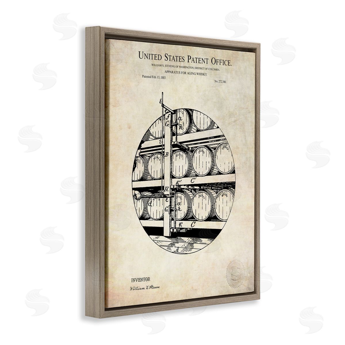 Karl Hronek Whiskey Aging Barrel Detailed Vintage Patent Diagram  Brown Floating Frame Canvas Wall Art Print