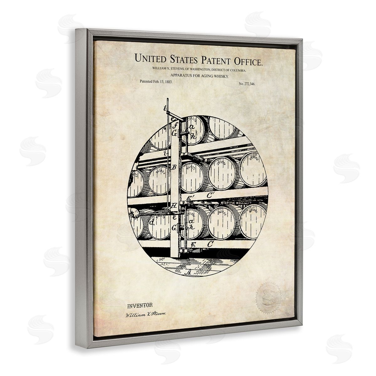 Karl Hronek Whiskey Aging Barrel Detailed Vintage Patent Diagram  Gray Floating Frame Canvas Wall Art Print