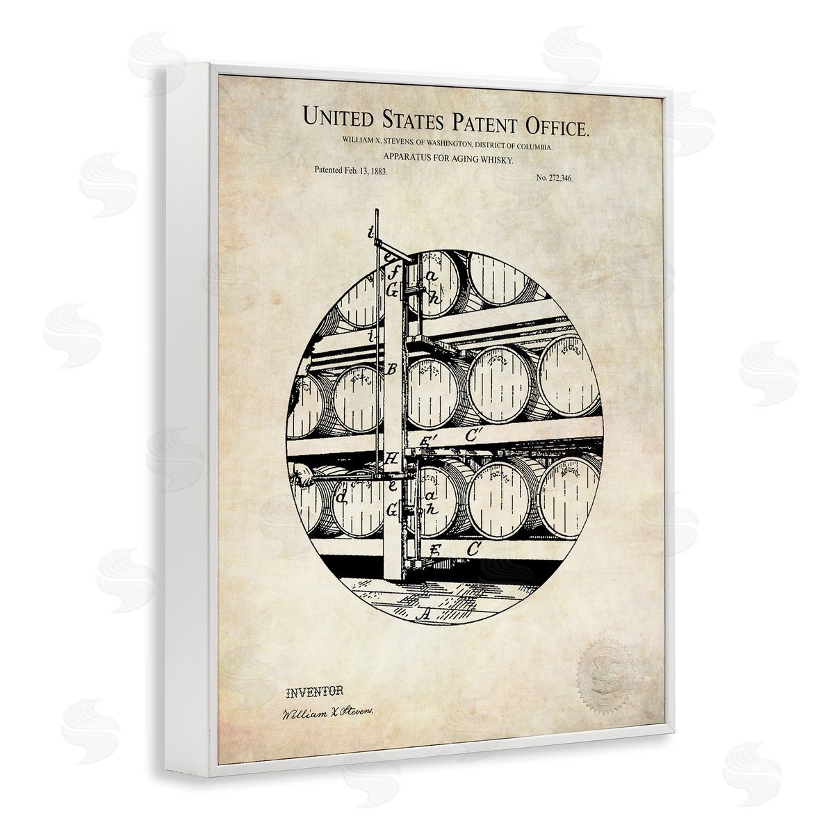 Karl Hronek Whiskey Aging Barrel Detailed Vintage Patent Diagram  White Framed Giclee Wall Art Print