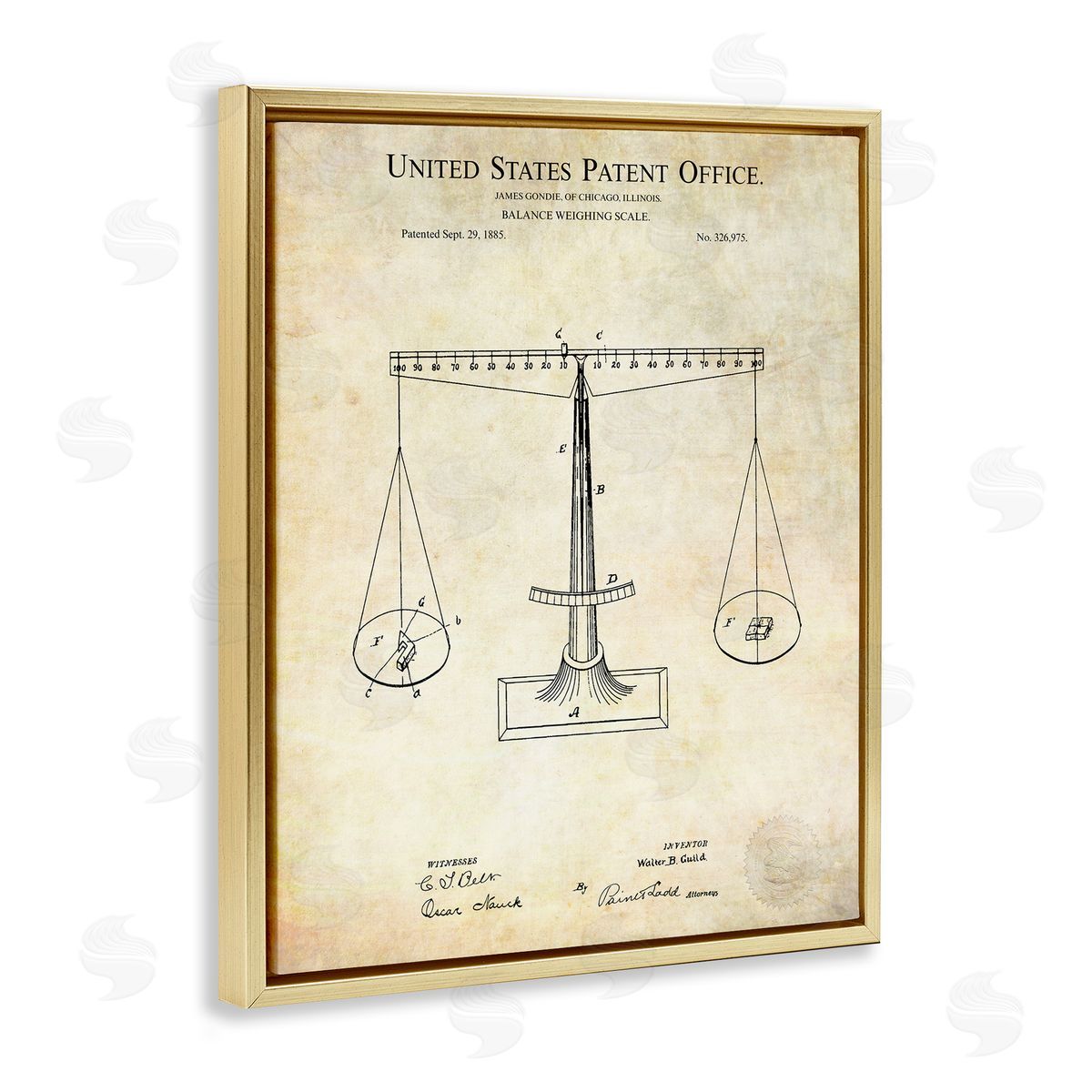 Karl Hronek Weighing Scale Blueprint Diagram Vintage Patent Gold Floating Frame Canvas Wall Art Print