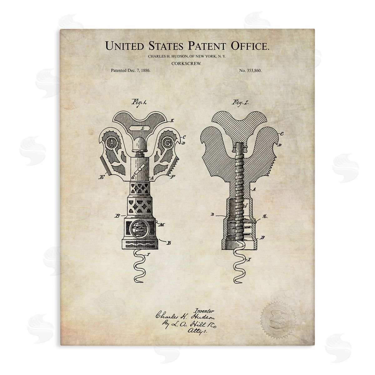 Karl Hronek Detailed Vintage Bottle Corkscrew Patent Blueprint Diagram Stretched Canvas Wall Art Print