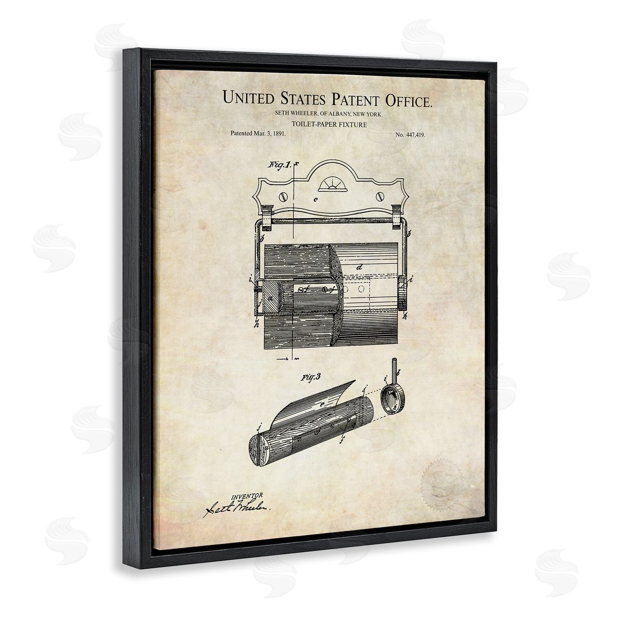 Karl Hronek Vintage Toilet Paper Fixture Detailed Technical Diagram Text  Black Floating Frame Canvas Wall Art Print
