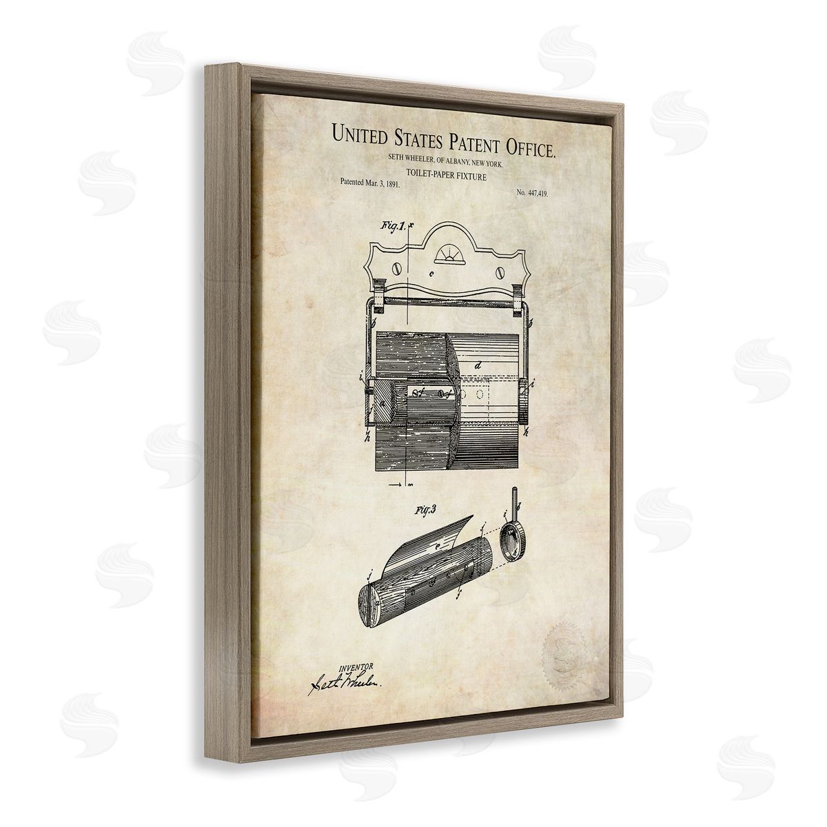 Karl Hronek Vintage Toilet Paper Fixture Detailed Technical Diagram Text  Brown Floating Frame Canvas Wall Art Print