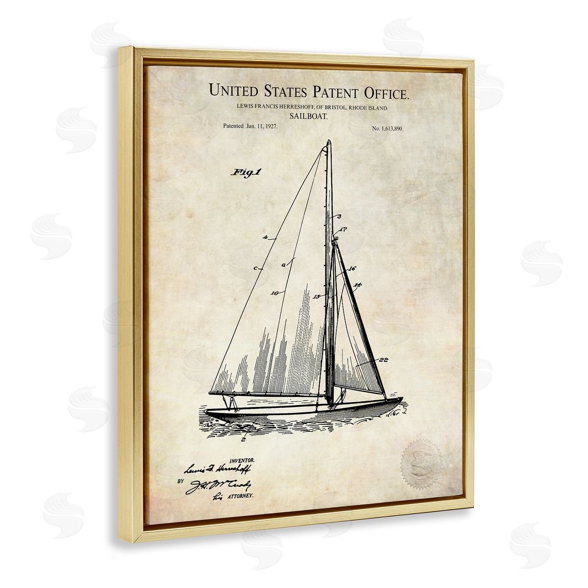 Karl Hronek Vintage Sailboat Watercraft Technical Diagram Gold Floating Frame Canvas Wall Art Print