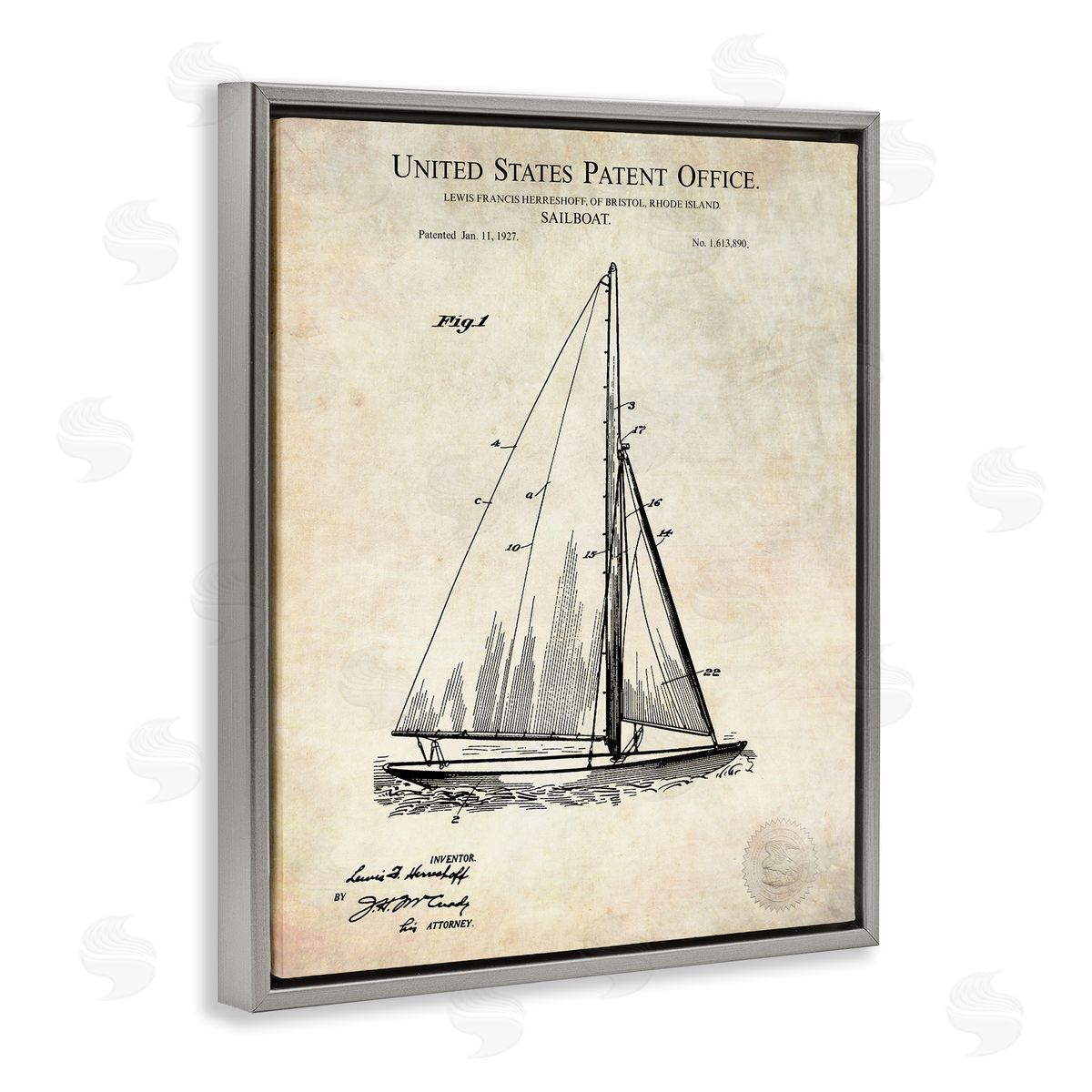 Karl Hronek Vintage Sailboat Watercraft Technical Diagram Gray Floating Frame Canvas Wall Art Print