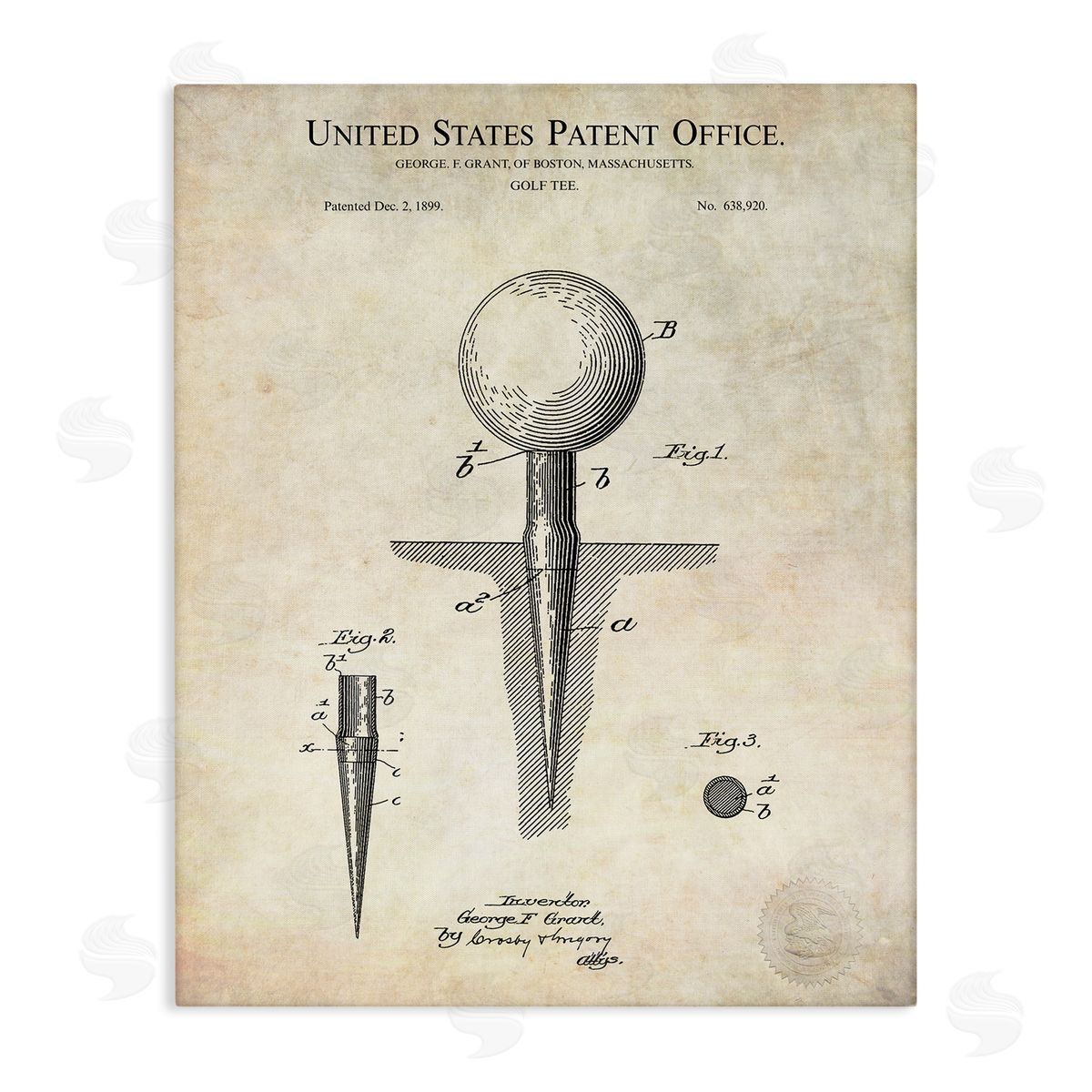 Karl Hronek Golf Ball Tee Patent Blueprint Diagram Outline  Stretched Canvas Wall Art Print