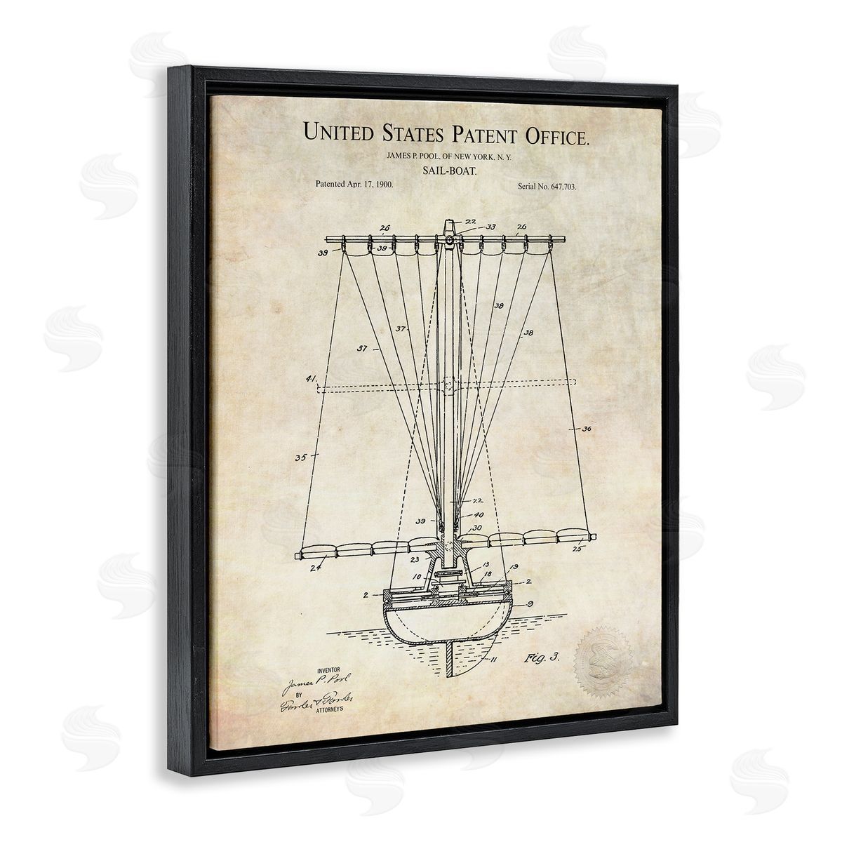 Karl Hronek Vintage Sailboat Watercraft Detailed Diagram Blueprint  Black Floating Frame Canvas Wall Art Print